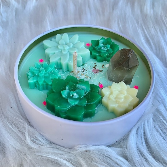 Succulent Garden Terrarium Candle with Smokey Quartz Crystal - Picture 8 of 8
